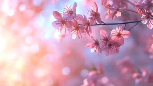 Cherry Blossom Clusters Illuminated by Soft Backlighting and Bokeh