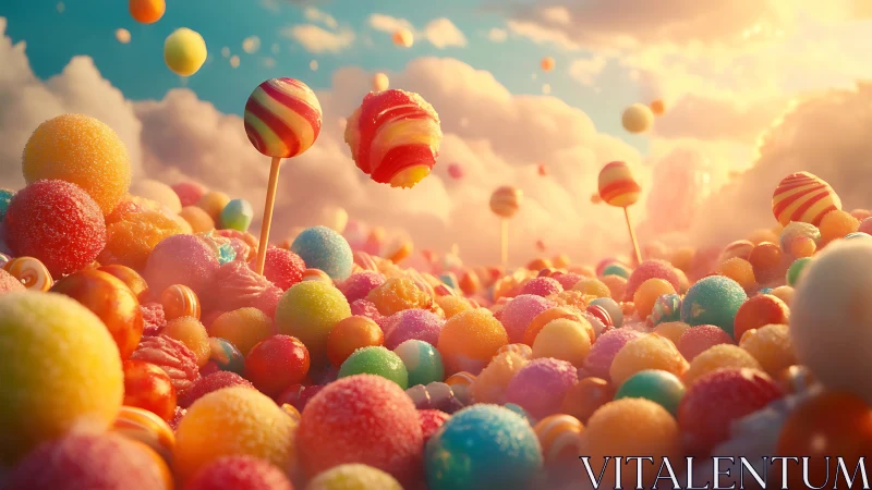Candy Paradise: Surreal Lollipop Landscape Under Golden Sky.