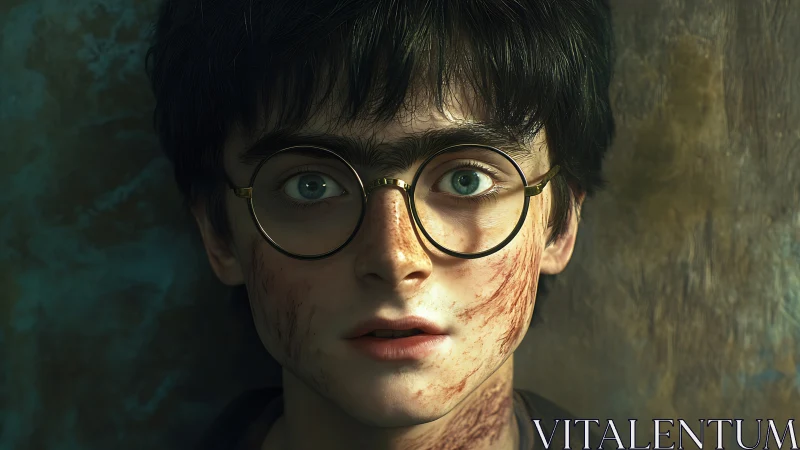 Wide eyed young hero with messy hair and worn glasses.