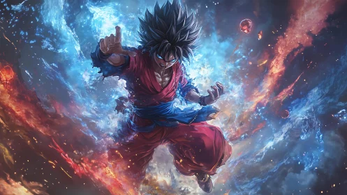 Energetic anime warrior suspended in fiery and icy vortex