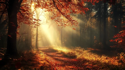 Autumnal forest pathway with atmospheric golden sunlight rays through foliage.