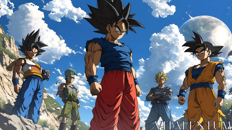 Saiyan warriors stand united beneath a vast cosmic sky