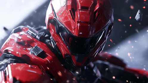 Photorealistic red combat exosuit with dynamic close-up framing.