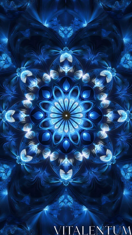 Radiant blue fractal mandala forms luminous floral core