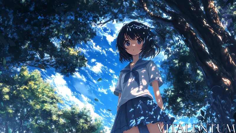 Anime forest portrait under dappled summer canopy light.