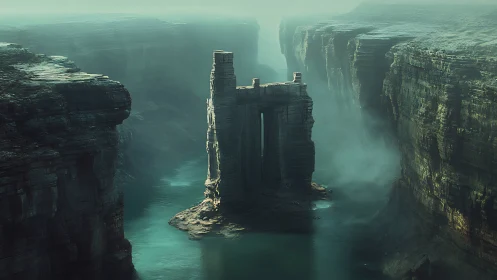 Ancient stone tower rises from misty canyon waters.