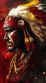 Warrior portrait with feathered headdress in crimson haze.