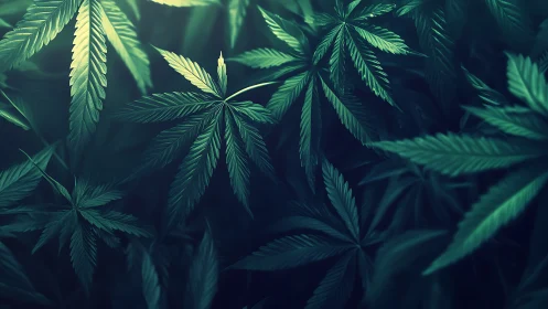 Moody emerald leaves drifting through quiet twilight green.