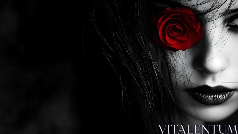 Monochrome portrait with single red rose and dark lips.