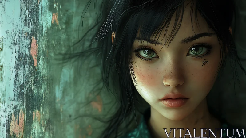 Freckled green eyed girl beside weathered teal wall portrait.