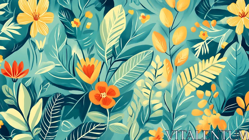 Botanical Illustration with Yellow and Orange Flowers Against Teal Foliage Base