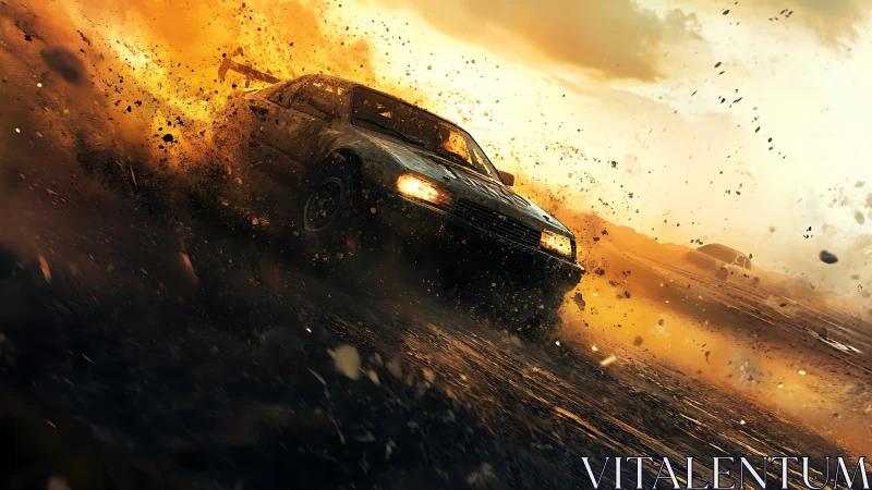 Rally car skidding through dirt under strong sunset light.