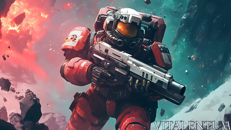 Bold space marine strides through chaos on a shattered world