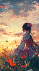 Sunset kimono daydream in a meadow of wandering petals.