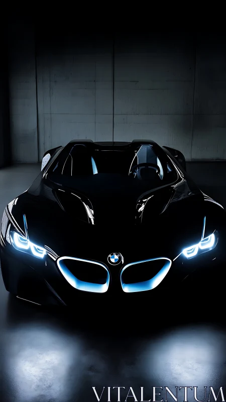 Low-key illuminated BMW concept roadster front profile study.
