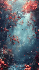 Digital forest scene shows cool light with red foliage contrast