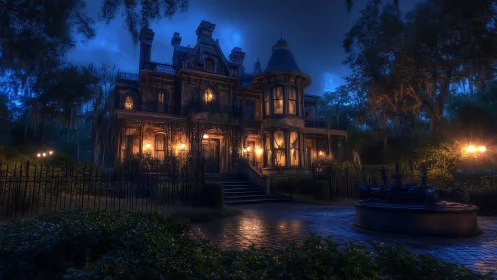 Victorian mansion at dusk with illuminated windows and grounds.