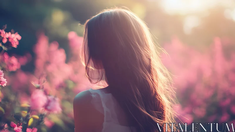 Woman standing in sunlit flower field, dreamy soft-focus style.
