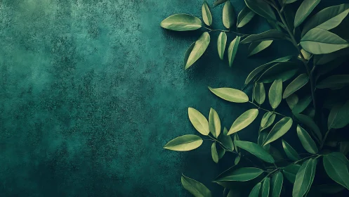 Lush green leaves framing textured teal background wall.