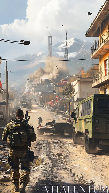 Armed soldiers advance through dusty urban combat corridor