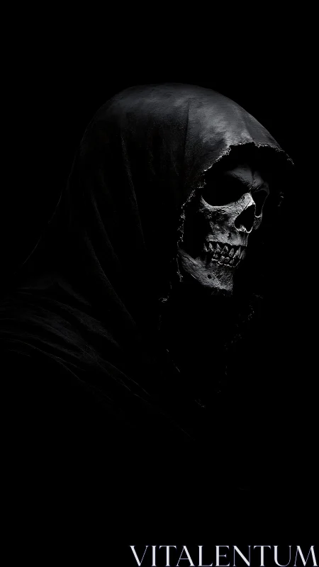 Hooded skeletal figure rendered with high-contrast chiaroscuro lighting
