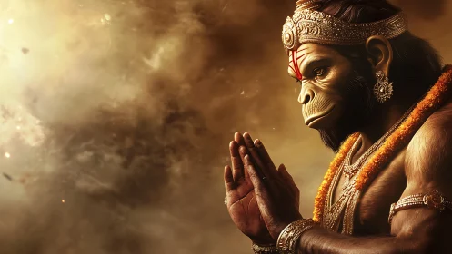 Divine monkey warrior holds prayer pose amid golden storm