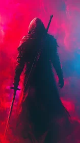 Hooded swordsman silhouette in neon magenta and cyan haze