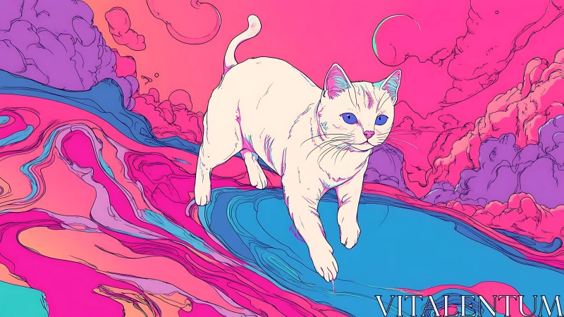 Luminescent Cat Against Liquid Plasma Dreamscape.