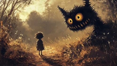 Child stands on forest path while large spiky creature watches