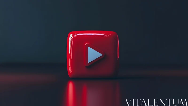 Glossy red 3D play button icon on dark background, digital style.