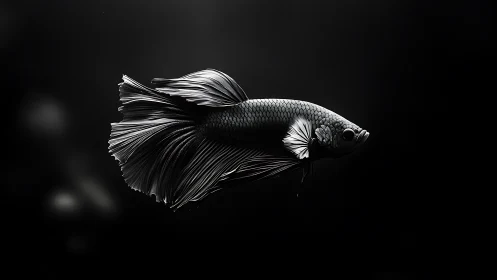 Monochrome betta portrait in dramatic low-key composition.