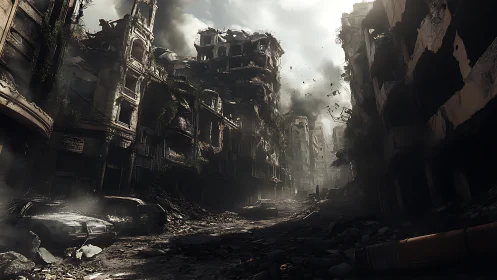 Shattered city corridor under drifting smoke and ruin.