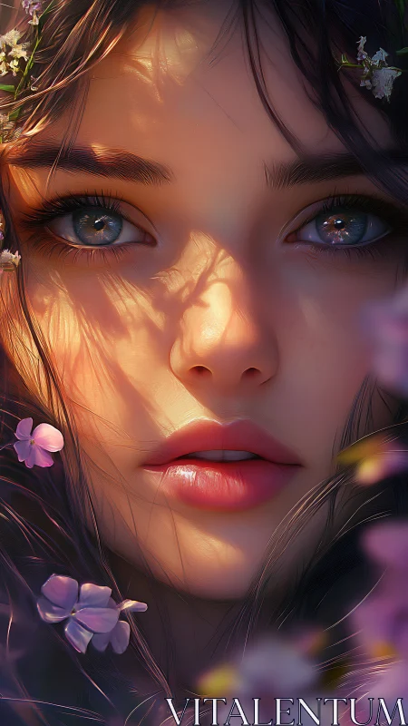 Close digital portrait of young woman with flowers in hair.