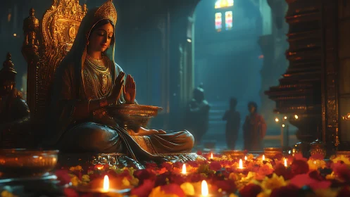 Golden temple goddess amid candlelit marigold whispers.