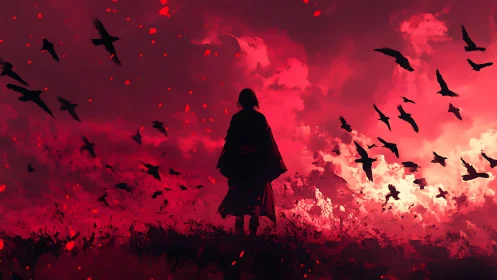 Lone warrior stands beneath crimson sky and circling crows.