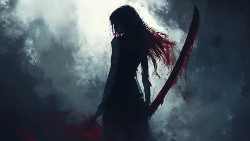 Shadowed warrior stands with bloodied scythe in misty void.