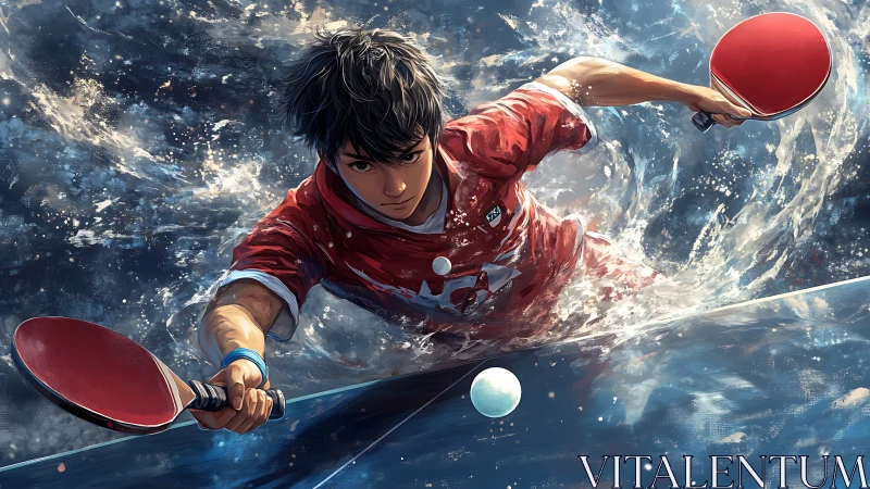 Tidal spin shot: table tennis warrior carved from waves.