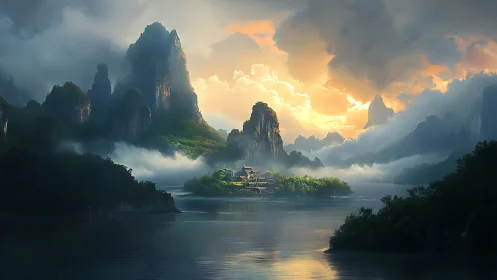 Ethereal Valley: Karst Peaks Emerge Through Golden Dawn Luminescence