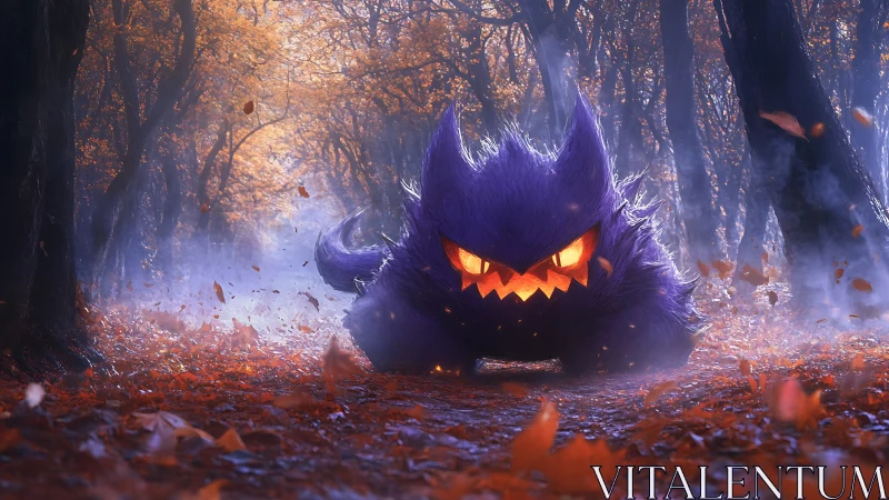 Ferocious purple monster stalking through misty autumn forest.