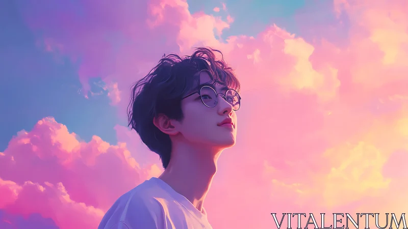 Young person in glasses under pink and blue sky clouds.