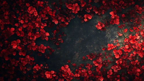 Red flowers frame dark textured background.