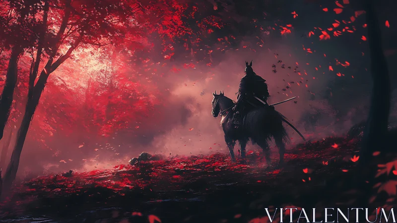 Armored rider pauses in crimson forest under diffuse backlight