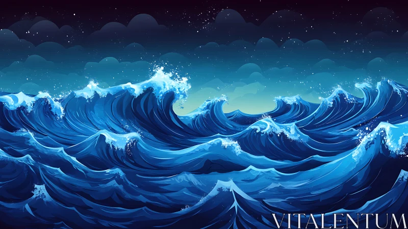 Rolling moonlit waves surge across a restless ocean.