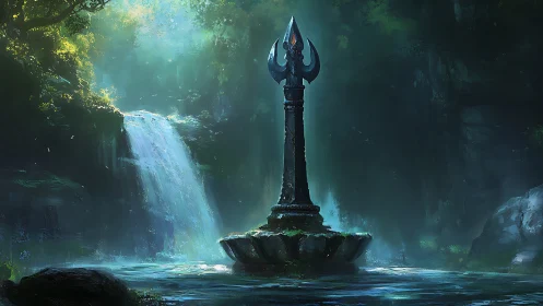 Ancient trident obelisk hums quietly in a misted forest glade