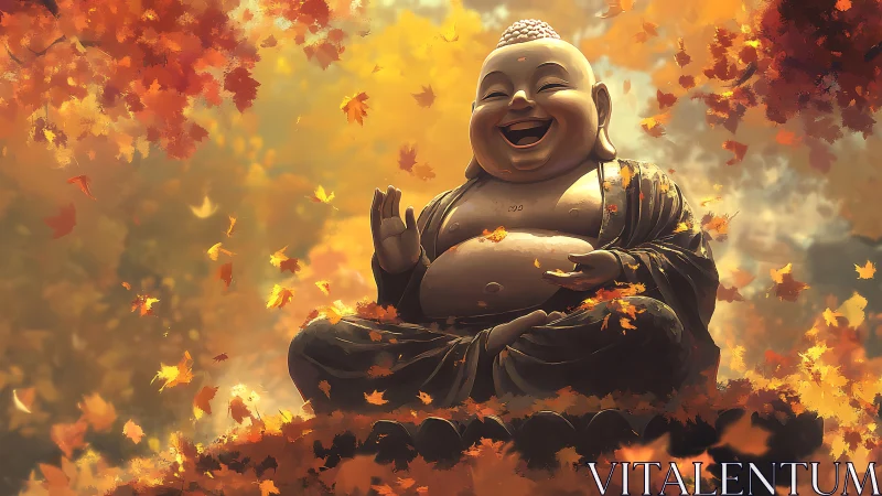 Laughing Buddha statue glows amid swirling autumn leaves