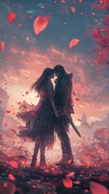 Two figures kissing amid swirling red petals and dramatic sky.