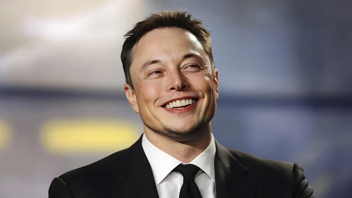 Portrait shows suited individual smiling against blurred backdrop