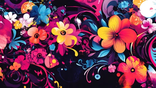 Vibrant Digital Floral Composition With Neon Saturation and Organic Vector Graphics