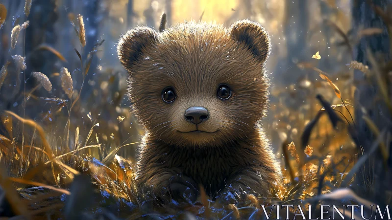 Digital depiction of bear cub in backlit forest undergrowth.