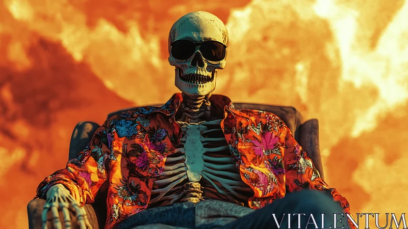 Skeleton in floral shirt relaxing before fiery backdrop.